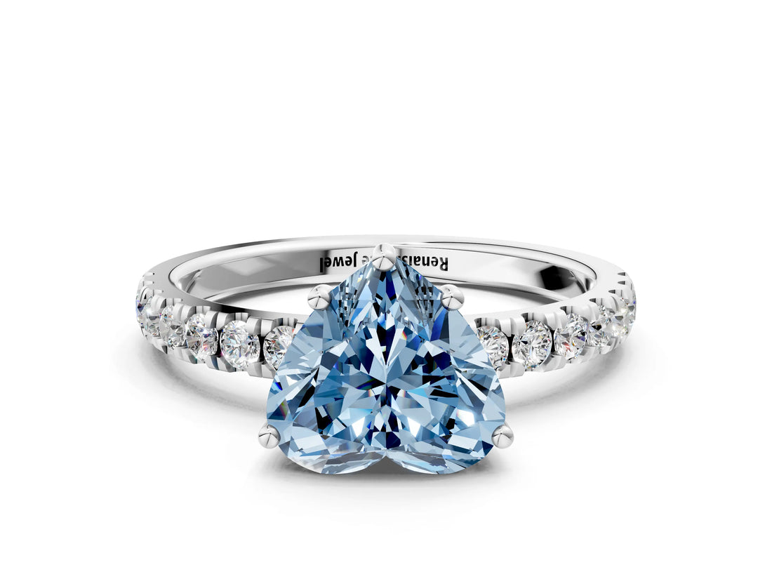 White gold Fancy Blue Heart Cut Diamond Pave Band Solitaire Ring with Round  and Prong Setting_123