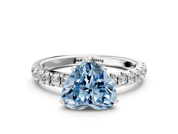 White gold Fancy Blue Heart Cut Diamond Pave Band Solitaire Ring with Round  and Prong Setting