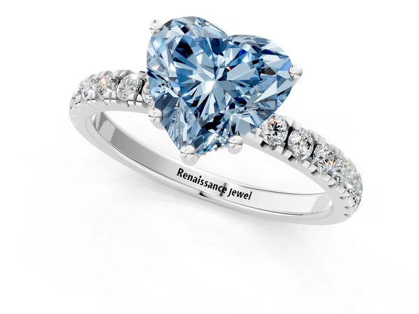 White gold Fancy Blue Heart Cut Diamond Pave Band Solitaire Ring with Round  and Prong Setting
