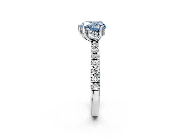 White gold Fancy Blue Heart Cut Diamond Pave Band Solitaire Ring with Round  and Prong Setting