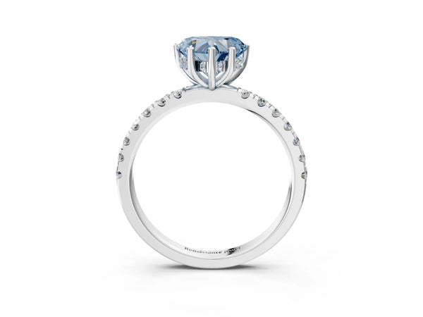 White gold Fancy Blue Heart Cut Diamond Pave Band Solitaire Ring with Round  and Prong Setting