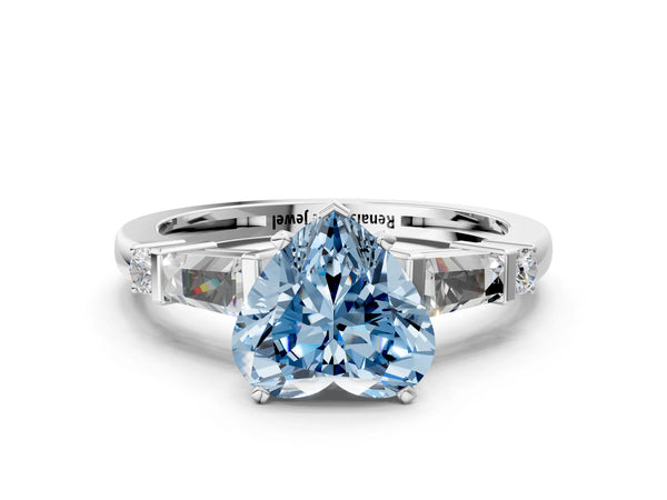 White gold Fancy Blue Heart  Cut Diamond Ring with Baguette Side Stones, Channel Set Band, and Four-Prong Setting