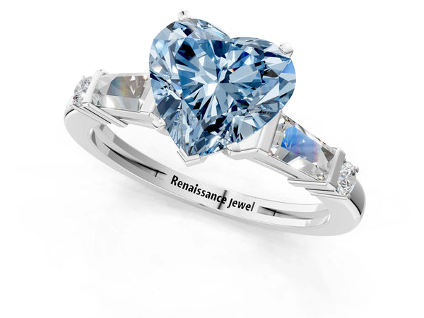 White gold Fancy Blue Heart  Cut Diamond Ring with Baguette Side Stones, Channel Set Band, and Four-Prong Setting