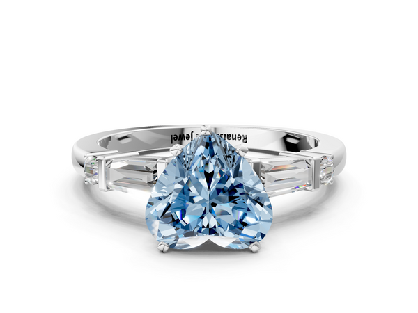 White gold Fancy Blue Heart  Cut Diamond Ring with Baguette Side Stones, Channel Set Band, and Four-Prong Setting