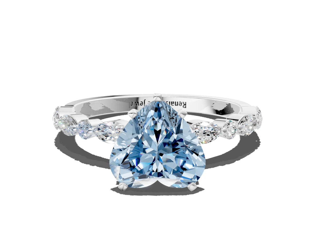White gold Fancy Blue Heart Cut Diamond Ring with Marquise and Round  Side Stones and Four-Prong Setting_88