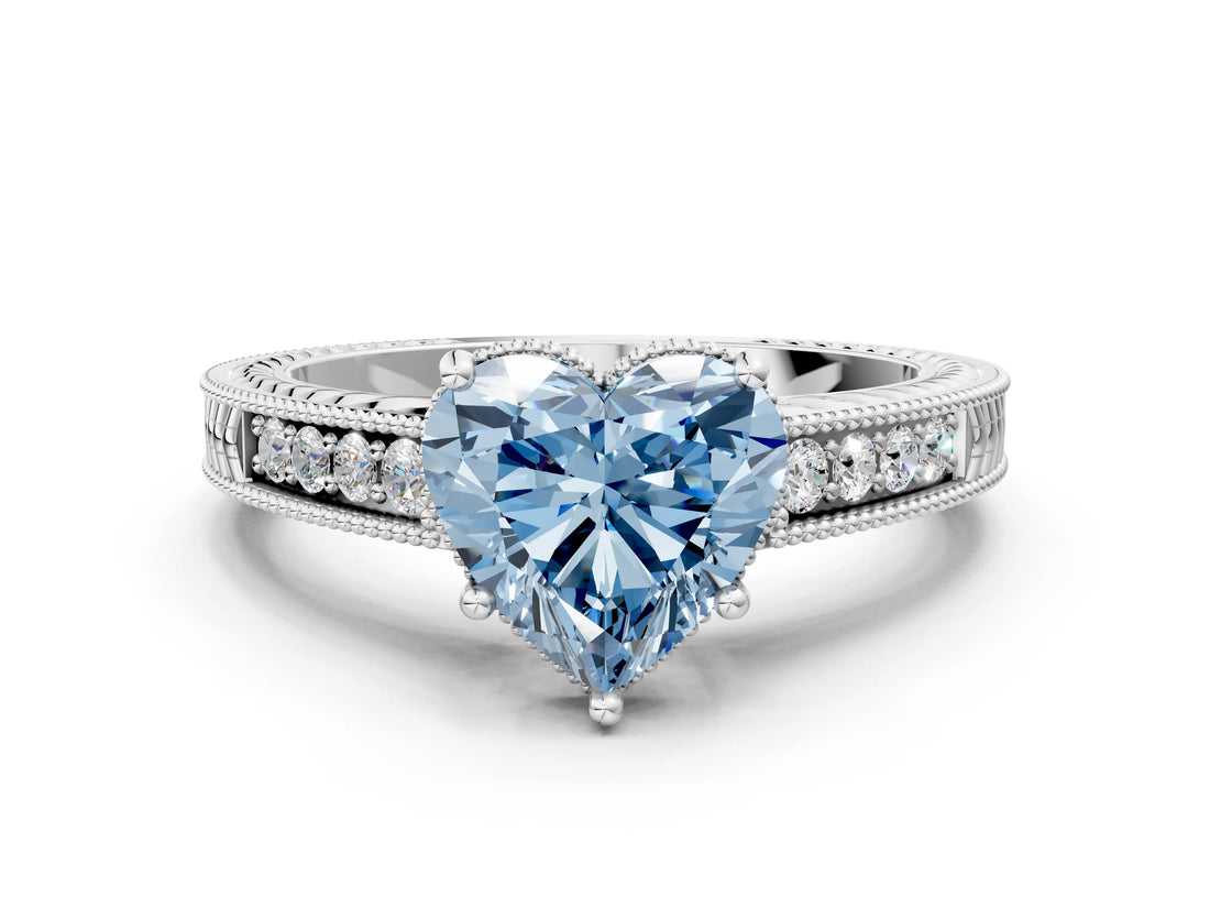 White gold Fancy Blue Heart Cut Diamond Ring with Milgrain Pavé Band and Four-Prong Setting_32