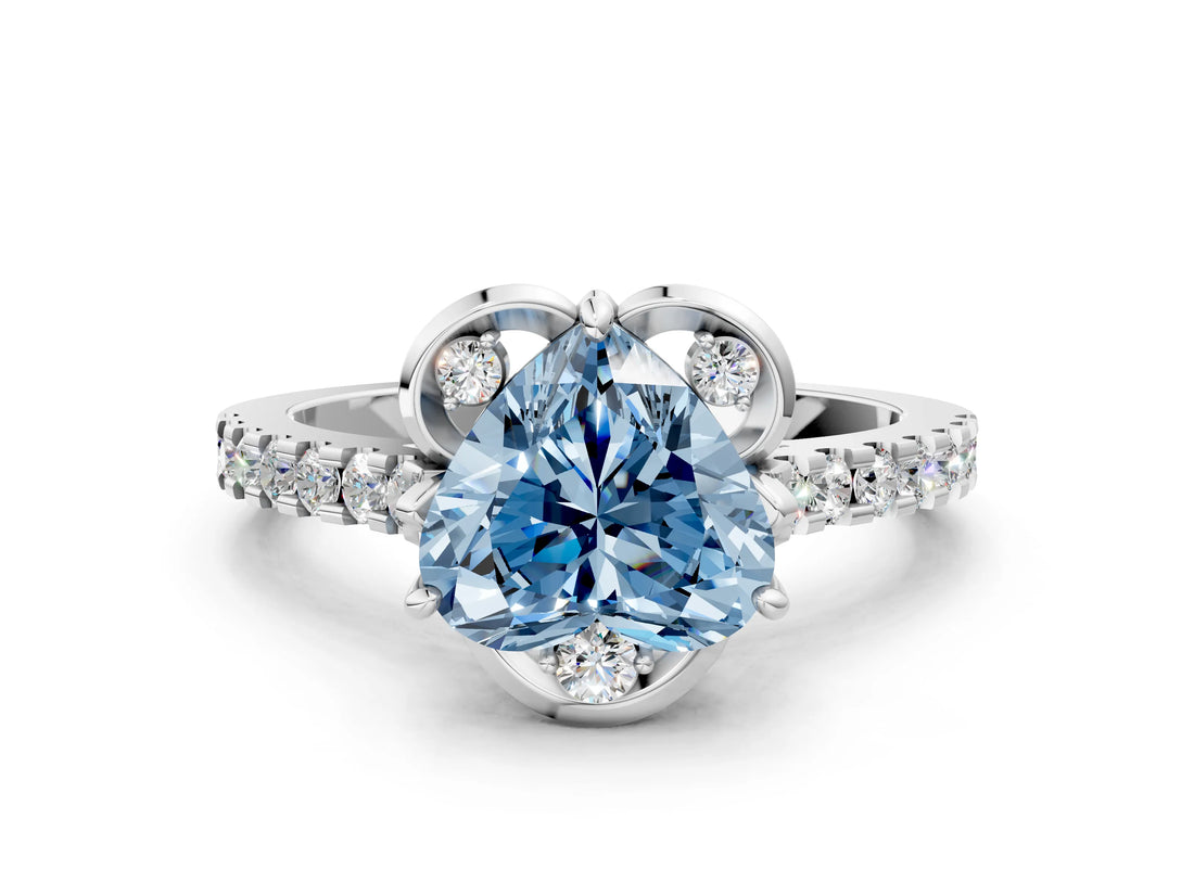 White gold Fancy Blue Heart Cut Diamond Ring with Pavé Band and Floral Prong Setting_39