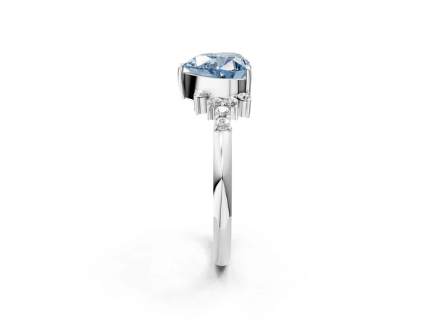 Silver Fancy Blue Heart Cut Diamond Ring with Side Stones and Four-Prong Setting