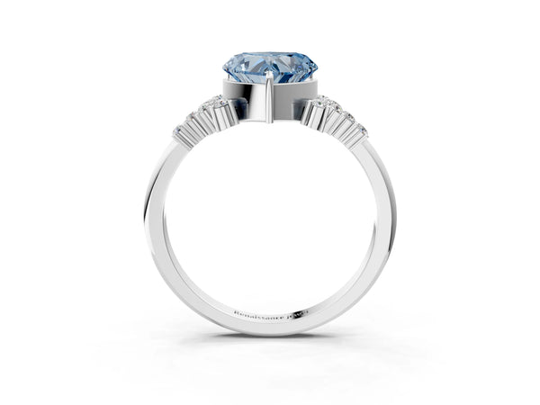 Silver Fancy Blue Heart Cut Diamond Ring with Side Stones and Four-Prong Setting