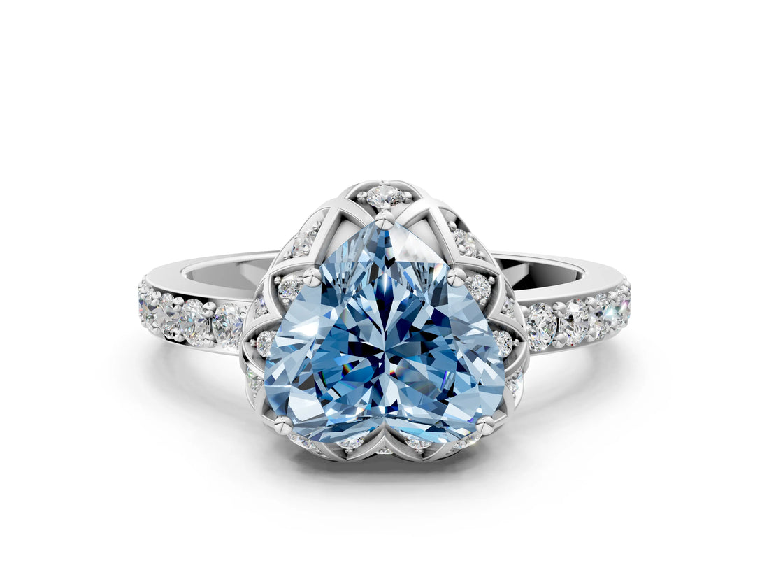 White gold Fancy Blue Heart Cut Diamond Scalloped Halo Engagement Ring with Round Shared Prong Band_19