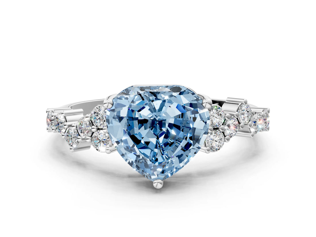 White gold Fancy Blue Heart Cut Diamond Scattered Round Accent Ring with Prong Setting_12