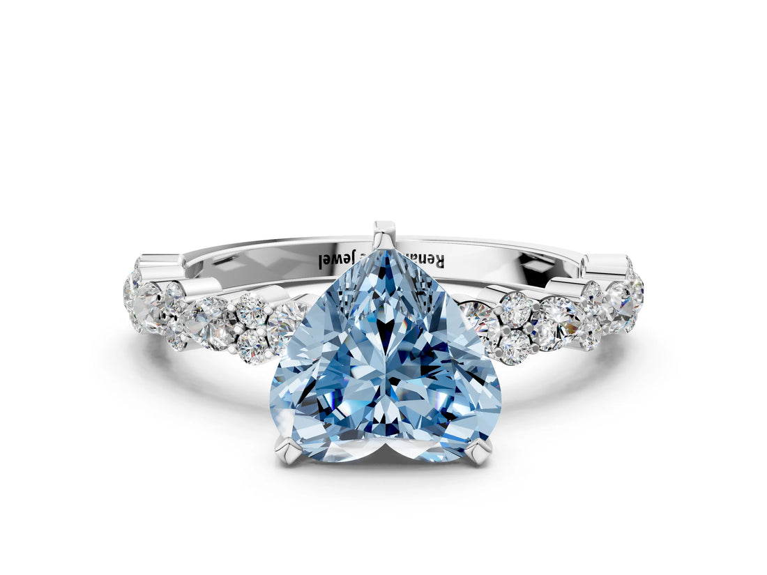 White gold Fancy Blue Heart Cut Diamond Side Stone Solitaire Ring with Round  and Four-Prong Setting_12