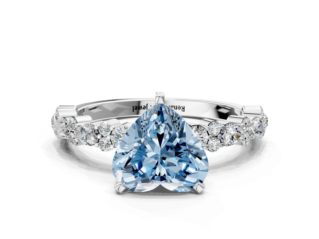 White gold Fancy Blue Heart Cut Diamond Side Stone Solitaire Ring with Round  and Four-Prong Setting_168