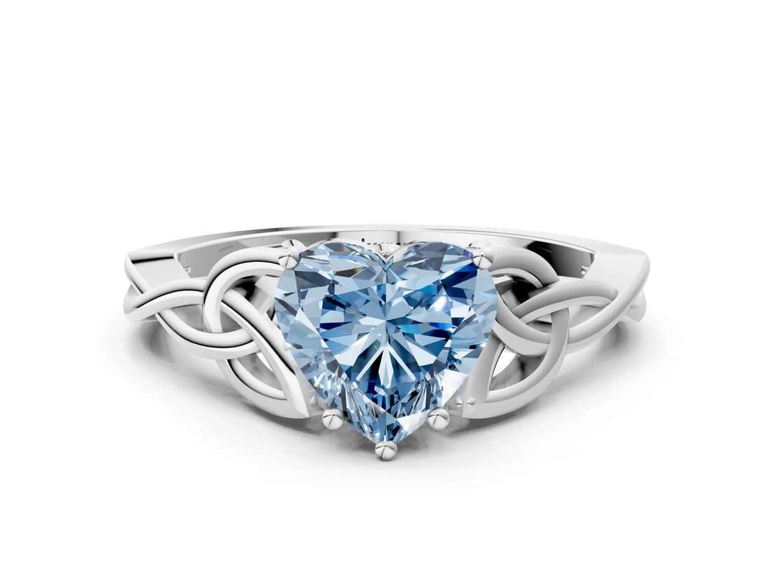 White gold Fancy Blue Heart Cut Diamond Solitaire Celtic Knot Ring with Four-Prong Setting_92