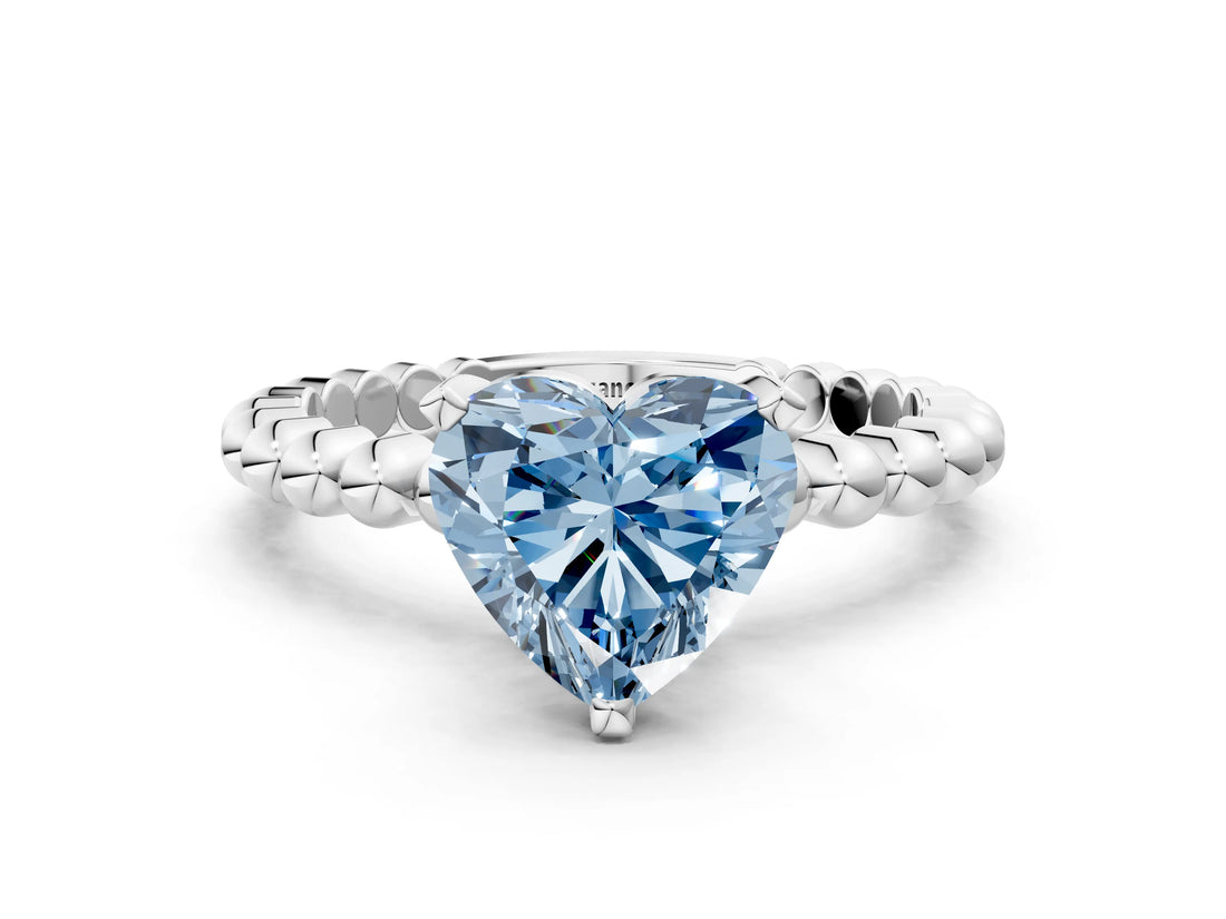 White gold Fancy Blue Heart Cut Diamond Solitaire Ring with Beaded Band and Prong Setting_374