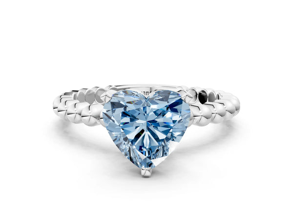 White gold Fancy Blue Heart Cut Diamond Solitaire Ring with Beaded Band and Prong Setting