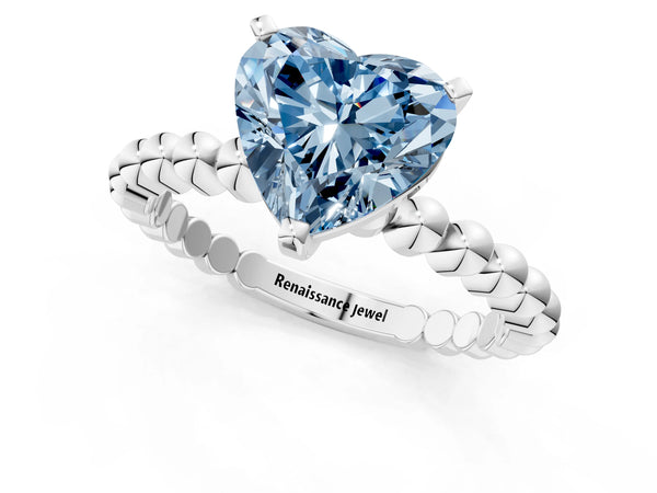 White gold Fancy Blue Heart Cut Diamond Solitaire Ring with Beaded Band and Prong Setting