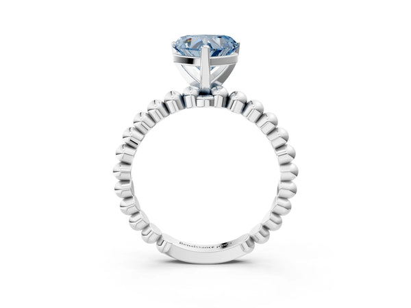White gold Fancy Blue Heart Cut Diamond Solitaire Ring with Beaded Band and Prong Setting