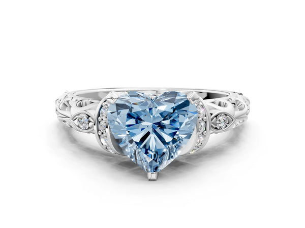 Platinum Fancy Blue Heart Cut Diamond Solitaire Ring with Filigree Band and Four-Prong Setting