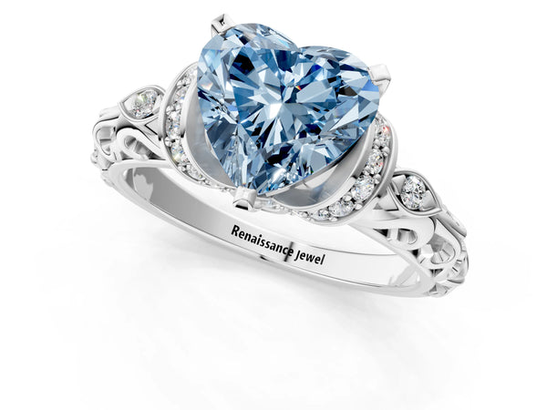 Platinum Fancy Blue Heart Cut Diamond Solitaire Ring with Filigree Band and Four-Prong Setting