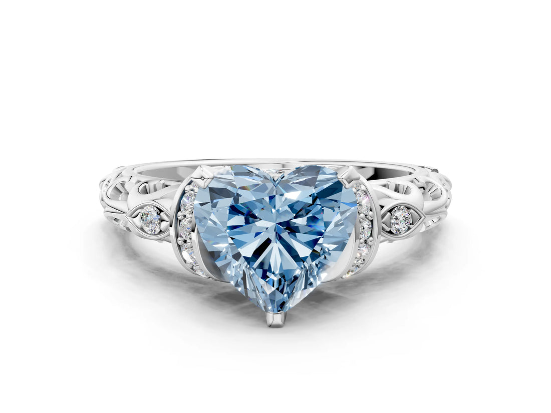 White gold Fancy Blue Heart Cut Diamond Solitaire Ring with Filigree Band and Four-Prong Setting_42