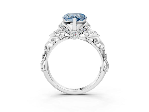 Platinum Fancy Blue Heart Cut Diamond Solitaire Ring with Filigree Band and Four-Prong Setting