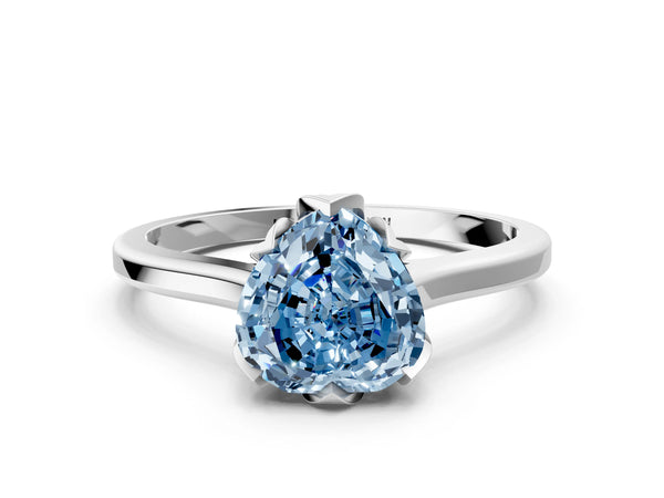 Platinum Fancy Blue Heart Cut Diamond Solitaire Ring with Flower Prong Setting and Classic Band