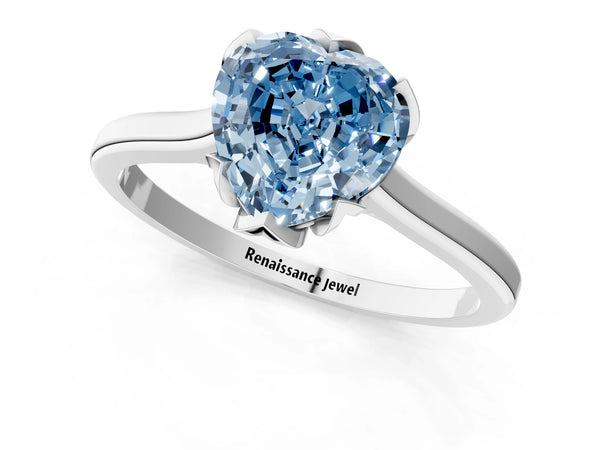 Platinum Fancy Blue Heart Cut Diamond Solitaire Ring with Flower Prong Setting and Classic Band