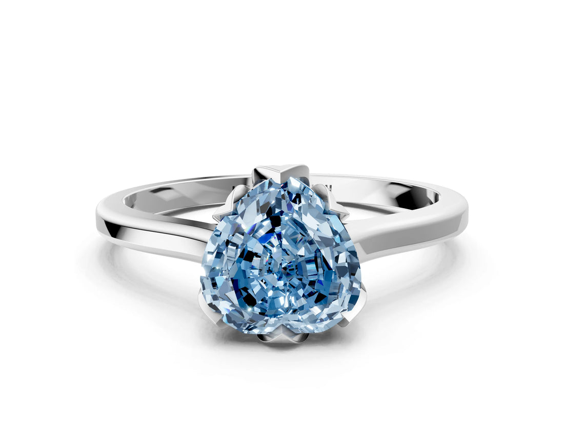 White gold Fancy Blue Heart Cut Diamond Solitaire Ring with Flower Prong Setting and Classic Band_126