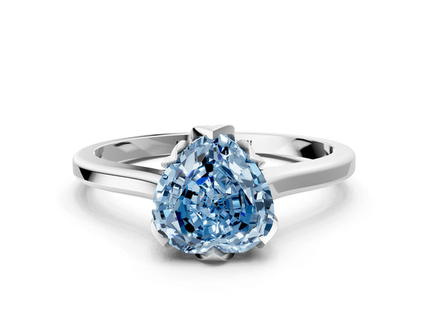Platinum Fancy Blue Heart Cut Diamond Solitaire Ring with Flower Prong Setting and Classic Band