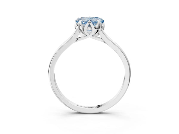 Platinum Fancy Blue Heart Cut Diamond Solitaire Ring with Flower Prong Setting and Classic Band