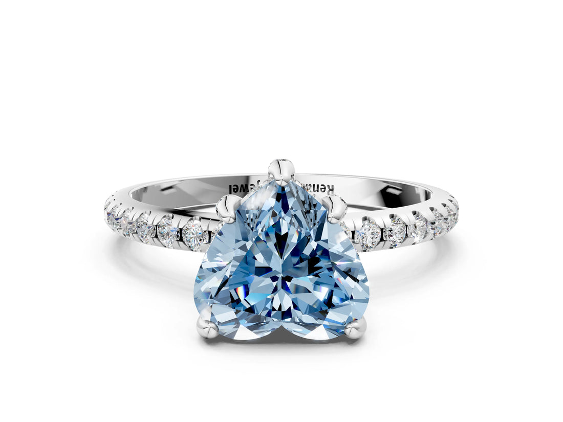 White gold Fancy Blue Heart Cut Diamond Solitaire Ring with Four-Prong Setting and Pavé Band_3