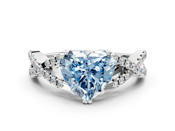 White gold Fancy Blue Heart Cut Diamond Solitaire Ring with Four-Prong Setting and Twisted Pavé Band