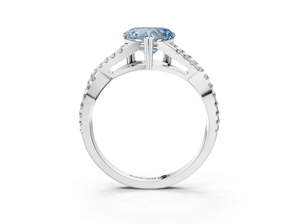 White gold Fancy Blue Heart Cut Diamond Solitaire Ring with Four-Prong Setting and Twisted Pavé Band