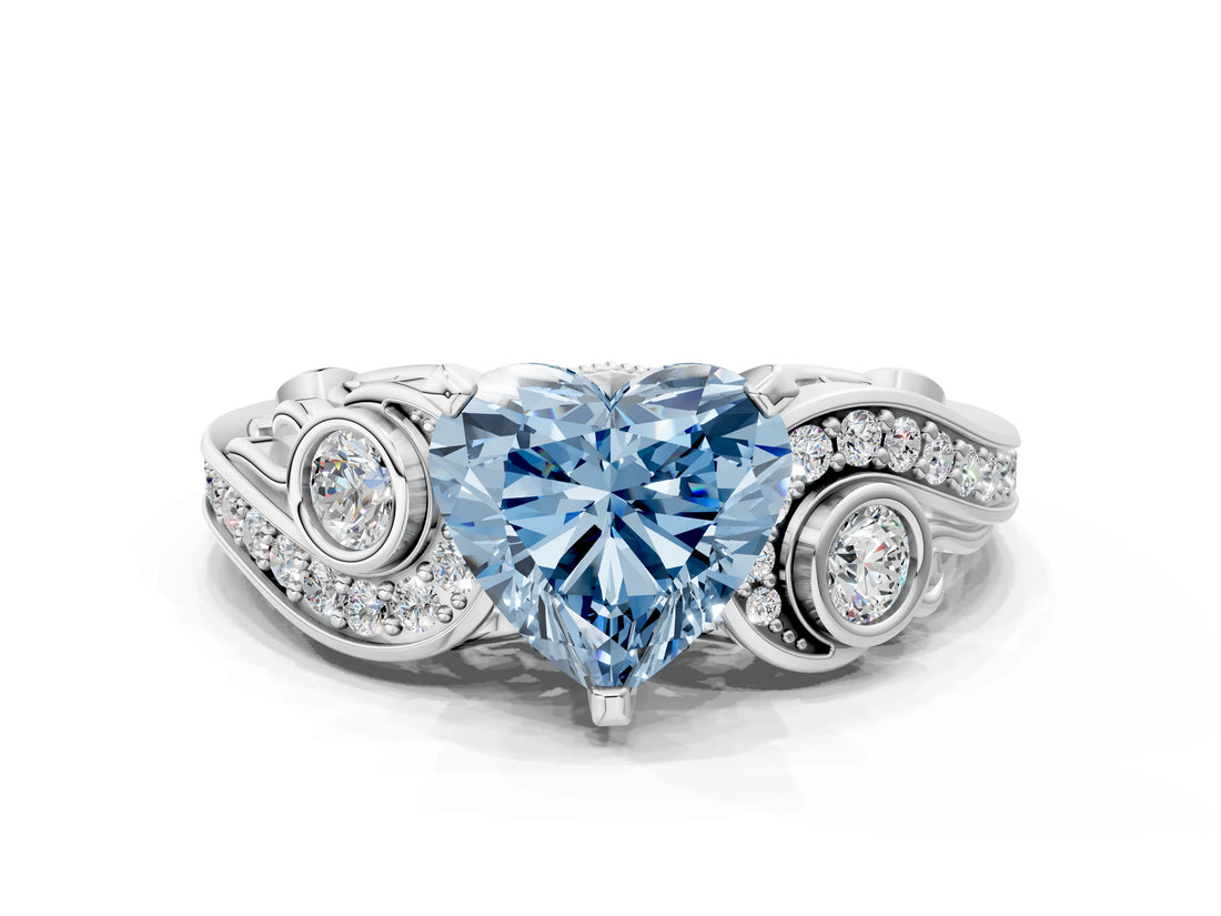 White gold Fancy Blue Heart Cut Diamond Solitaire Ring with Milgrain Pavé Band and Four-Prong Setting_265