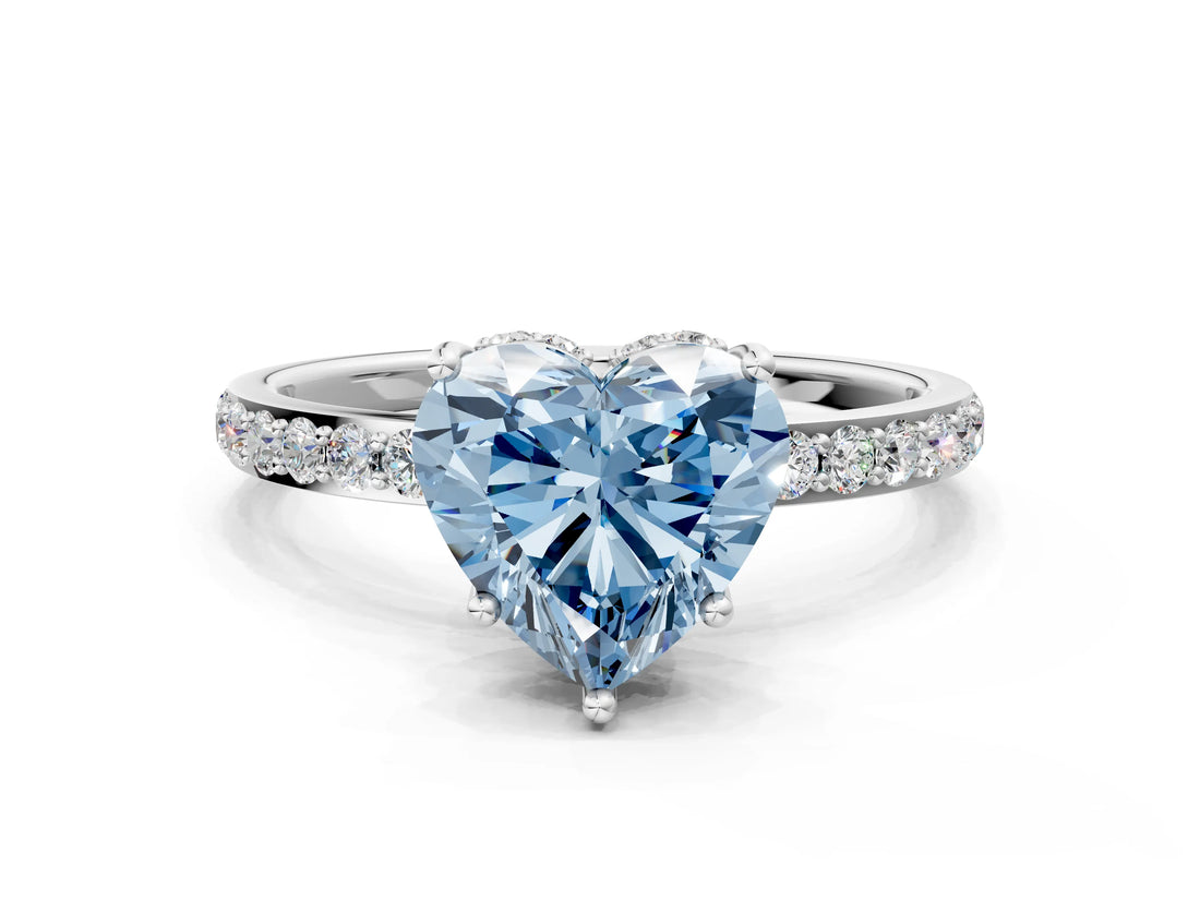 White gold Fancy Blue Heart Cut Diamond Solitaire Ring with Pavé Band and Hidden Halo_116