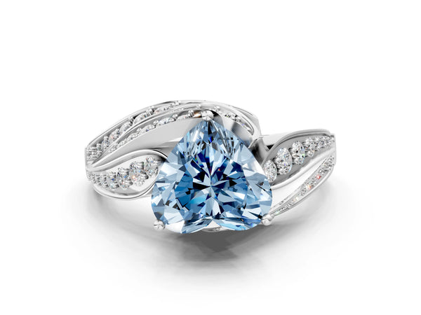 Platinum Fancy Blue Heart Cut Diamond Solitaire Ring with Prong Setting and Twisted Pavé Band