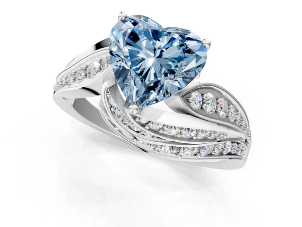 Platinum Fancy Blue Heart Cut Diamond Solitaire Ring with Prong Setting and Twisted Pavé Band