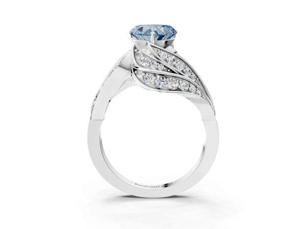 Platinum Fancy Blue Heart Cut Diamond Solitaire Ring with Prong Setting and Twisted Pavé Band