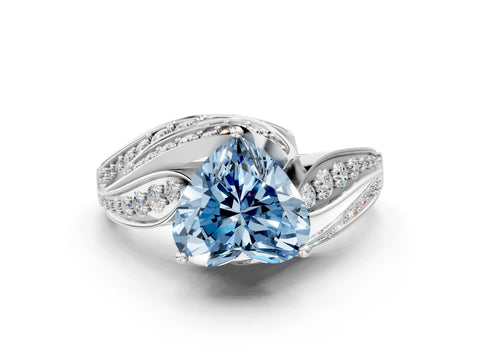 White gold Fancy Blue Heart Cut Diamond Solitaire Ring with Prong Setting and Twisted Pavé Band