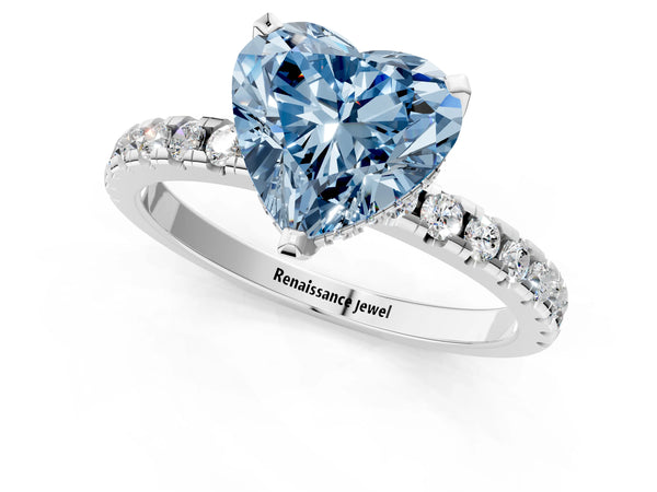 White Gold Heart-Shaped Hidden Halo Solitaire Engagement Ring Setting for Fancy Blue Center with Single Row Pave Band
