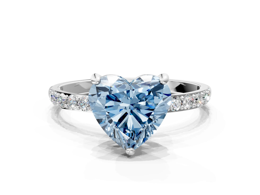 White gold Fancy Blue Heart Cut Diamond Solitaire Ring with Round  Pavé Band and Prong Setting_133