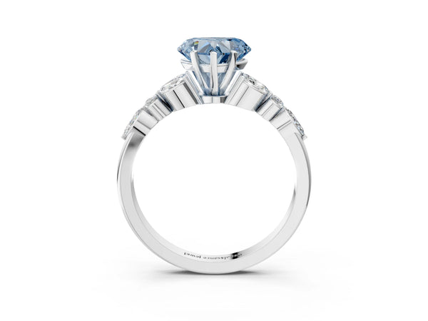 White gold Fancy Blue Heart Cut Diamond Solitaire Ring with Side Stones and Four-Prong Setting