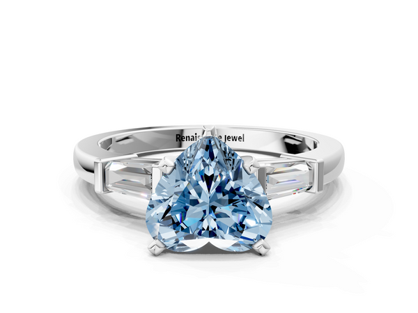 Platinum Fancy Blue Heart  Cut Diamond Solitaire Ring with Tapered Baguette Accents and Four-Prong Setting