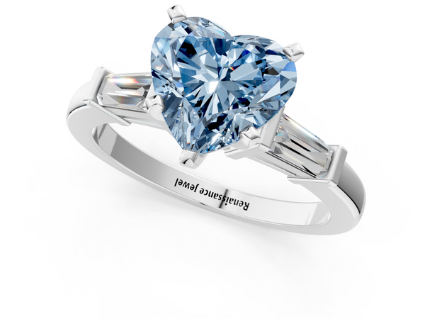 Platinum Fancy Blue Heart  Cut Diamond Solitaire Ring with Tapered Baguette Accents and Four-Prong Setting
