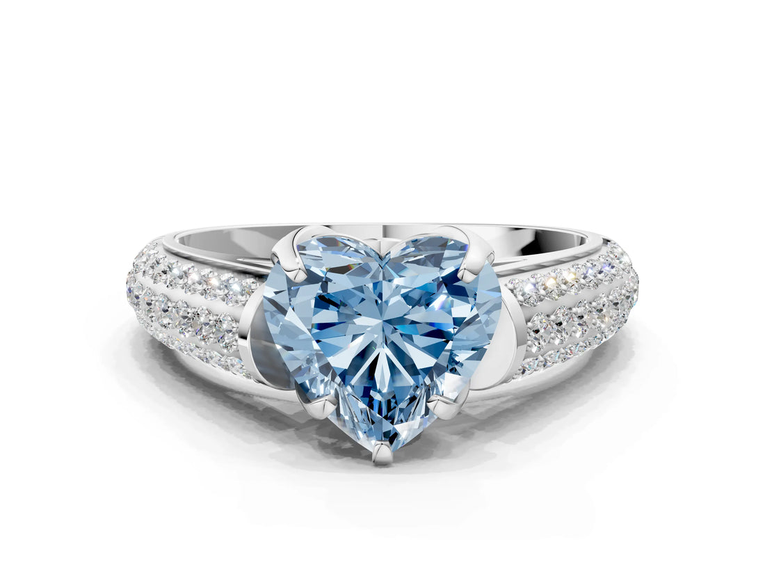 White gold Fancy Blue Heart Cut Diamond Solitaire Ring with Three-Row Pavé Band and Four-Prong Setting_48