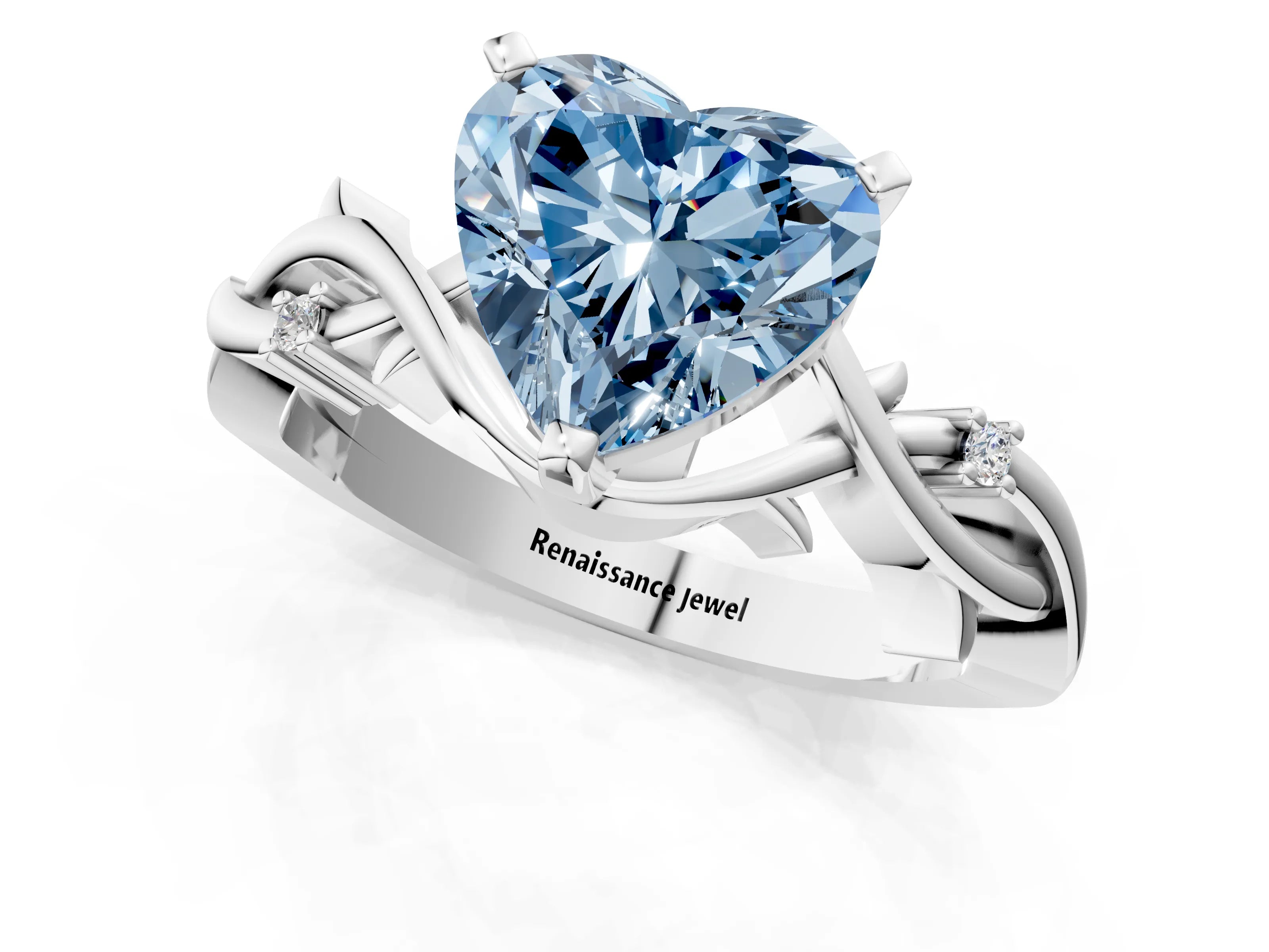 White gold Fancy Blue Heart Cut Diamond Solitaire Ring with Twisted Band and Prong Setting_319