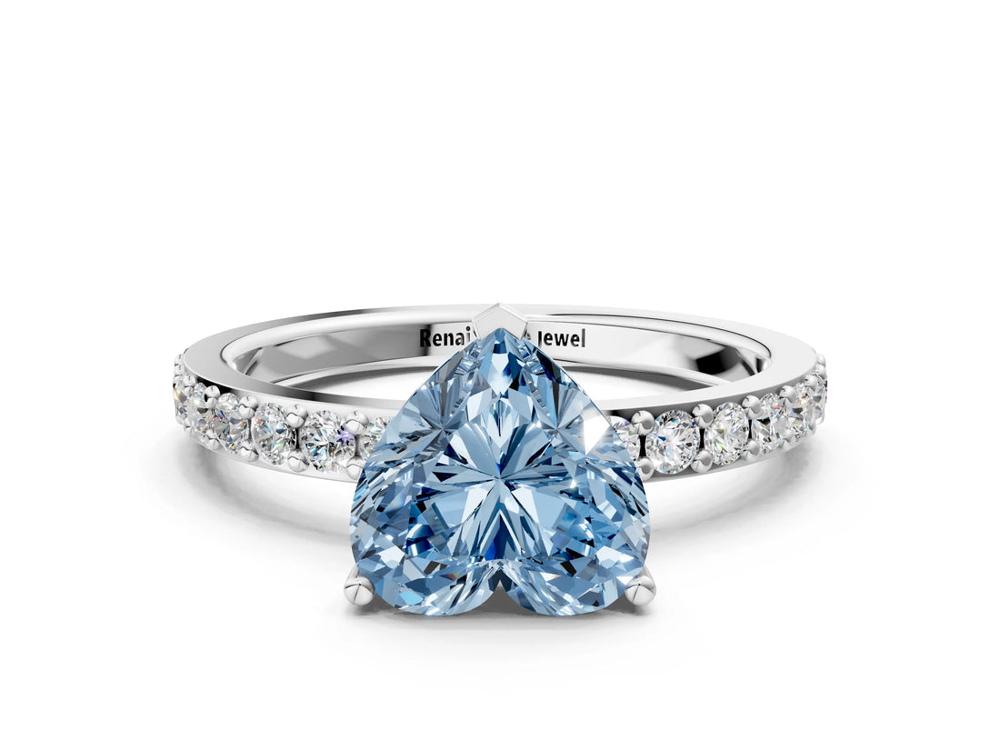 White gold Fancy Blue Heart  Cut Diamond Solitaire with Pave Band and Four-Prong Setting 1