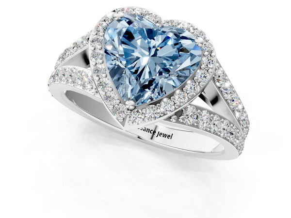 White Gold Heart-Shaped Halo Engagement Ring Setting for Fancy Blue Center with Narrow Pave Split Shank