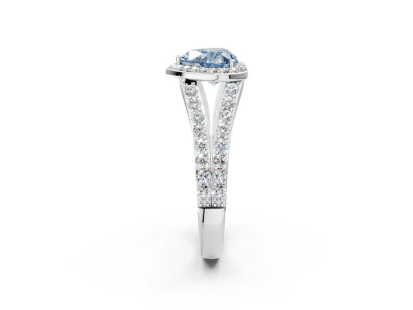 White Gold Heart-Shaped Halo Engagement Ring Setting for Fancy Blue Center with Narrow Pave Split Shank